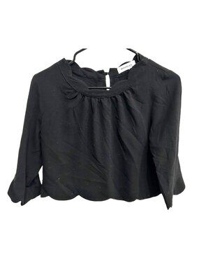 Black Scalloped Hem Blouse Monteau  3/4 Sleeves Keyhole Back Closure Size S